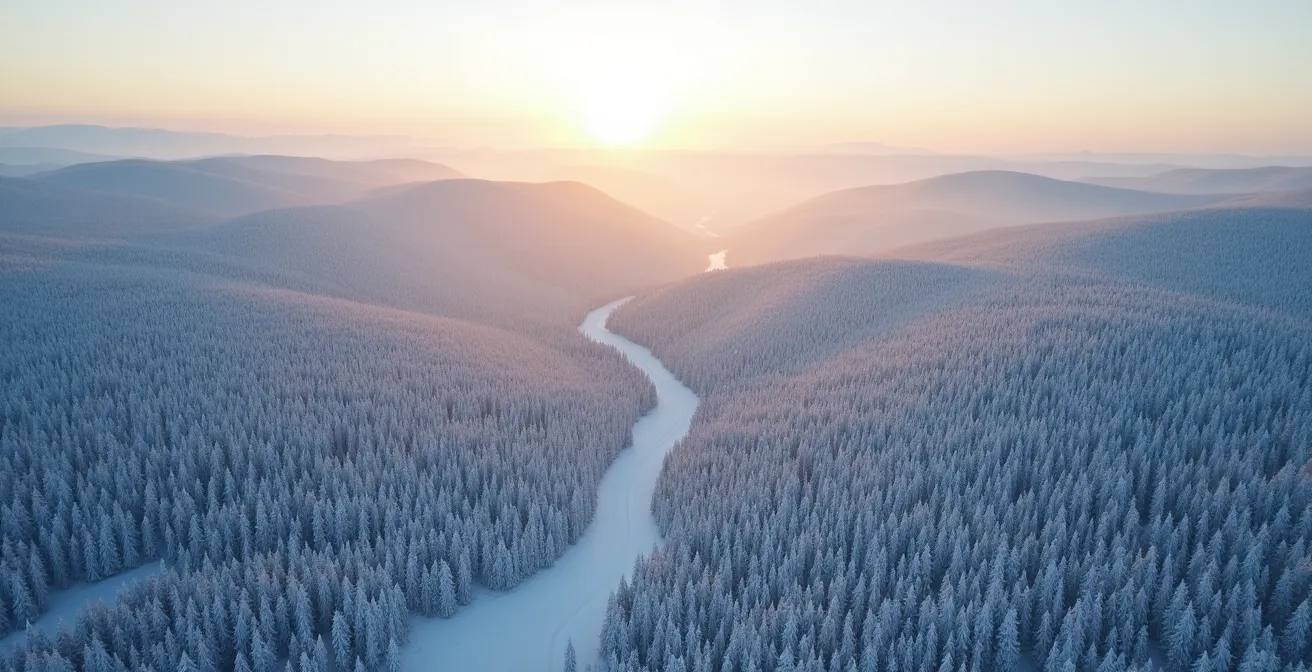 Vue aérienne hivernale des Monts-Valin montrant l'isolement et l'immensité sauvage