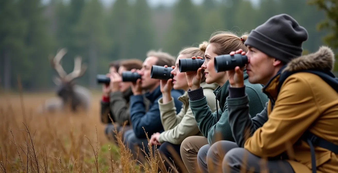 Petit groupe de 6 personnes observant silencieusement un orignal dans son habitat naturel