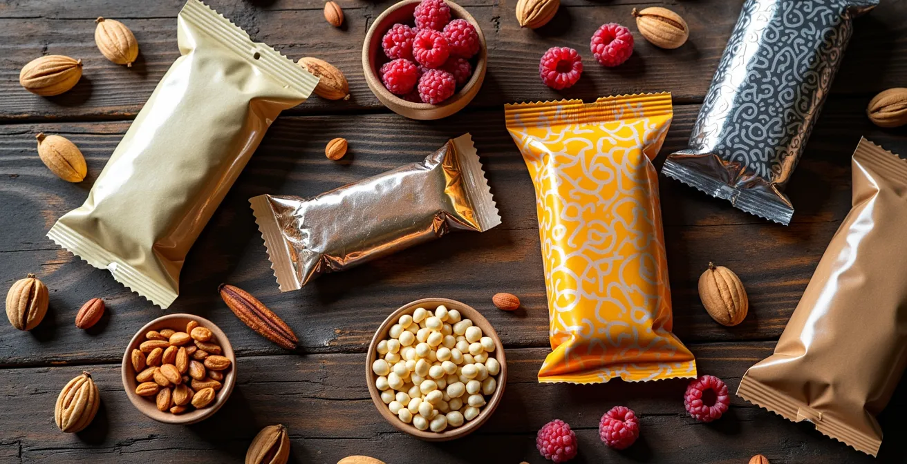 Aliments lyophilisés et barres énergétiques disposés sur une table en bois dans un refuge québécois