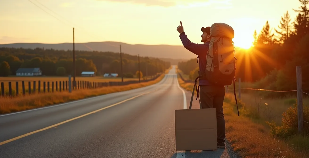 Vue large d'un randonneur faisant du pouce au bord d'une route rurale en Gaspésie avec son sac de randonnée