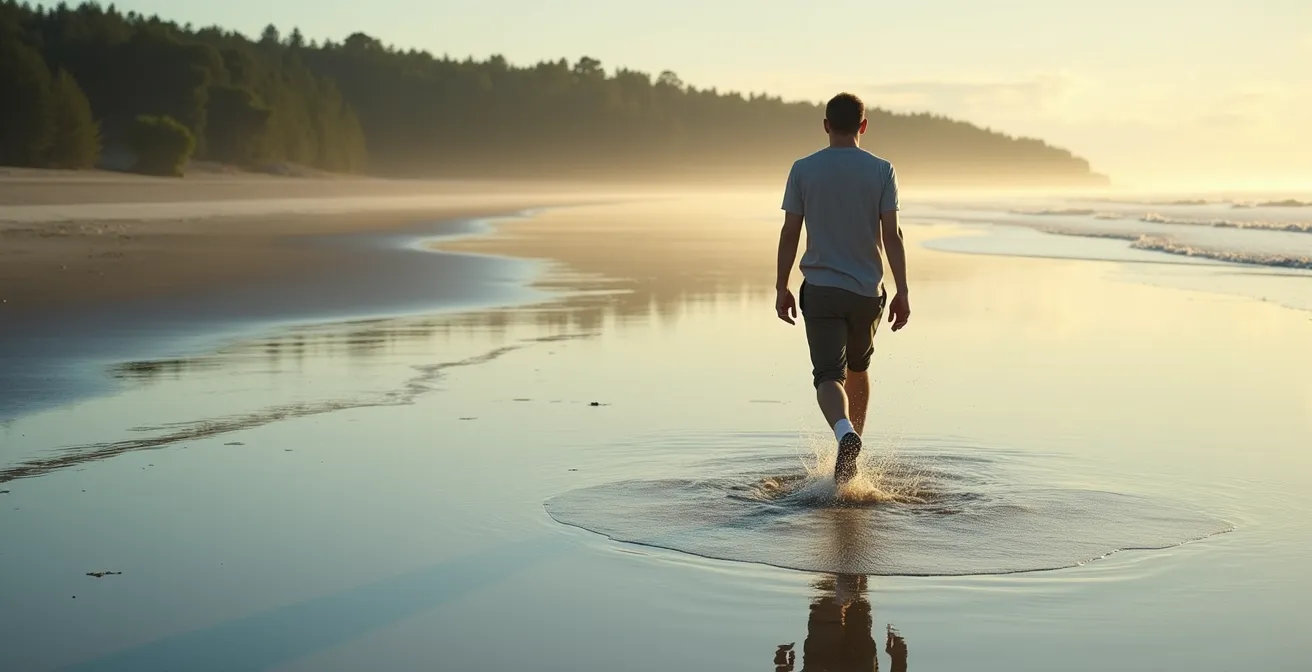 Promeneur marchant sur une plage avec l'eau qui monte rapidement derrière lui