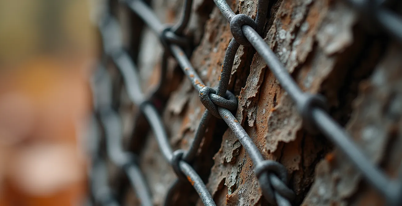 Gros plan sur le tronc d'un peuplier faux-tremble centenaire protégé par un grillage métallique avec texture d'écorce visible