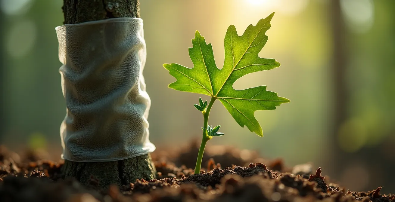 Gros plan sur un jeune chêne protégé par un tube de croissance dans une plantation forestière québécoise