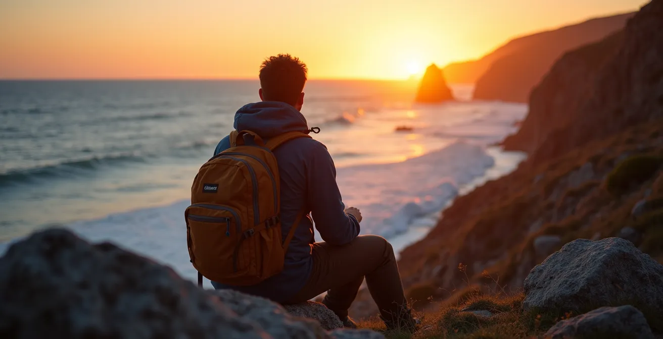 Randonneur assis en contemplation face à l'océan au bout du sentier à Cap-Gaspé