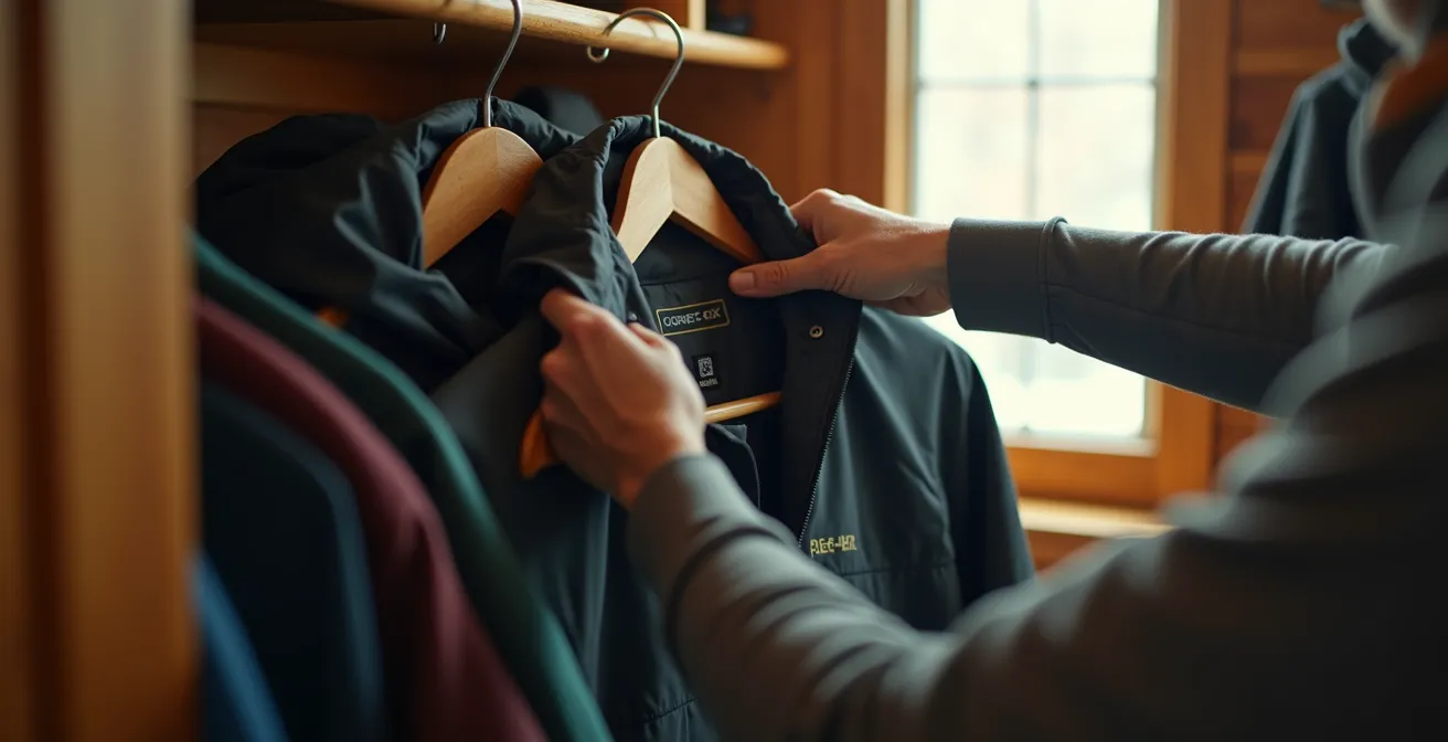 Manteau Gore-Tex correctement suspendu dans une penderie aérée d'une maison québécoise