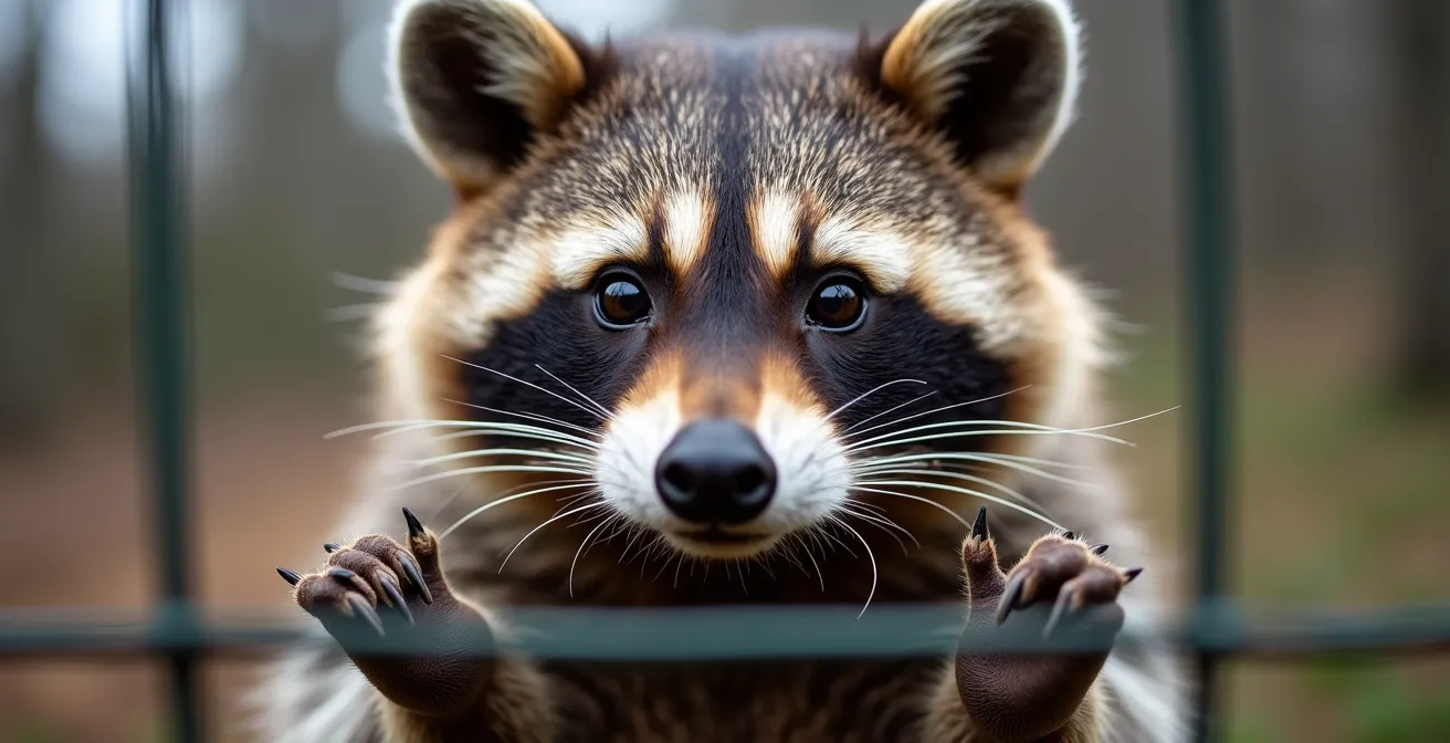 Raton laveur en enclos de réhabilitation dans un centre québécois agréé