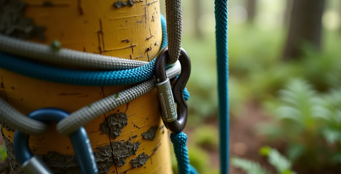 Gros plan sur un relais d'escalade installé sur un bouleau jaune avec sangles larges