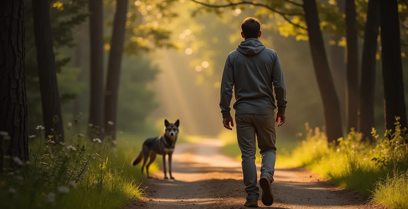 Personne faisant face à un coyote en adoptant une posture imposante dans un sentier forestier
