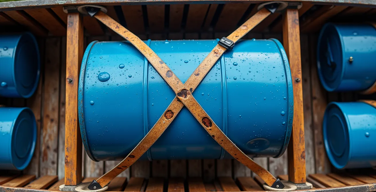 Vue aérienne d'un canot chargé montrant la répartition optimale des barils