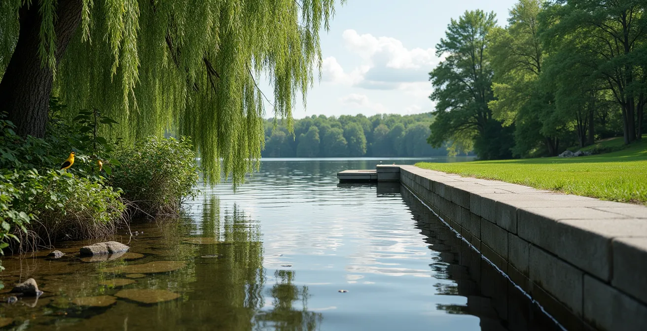 Comparaison visuelle entre une rive naturalisée avec arbustes et une rive artificialisée avec mur de soutènement