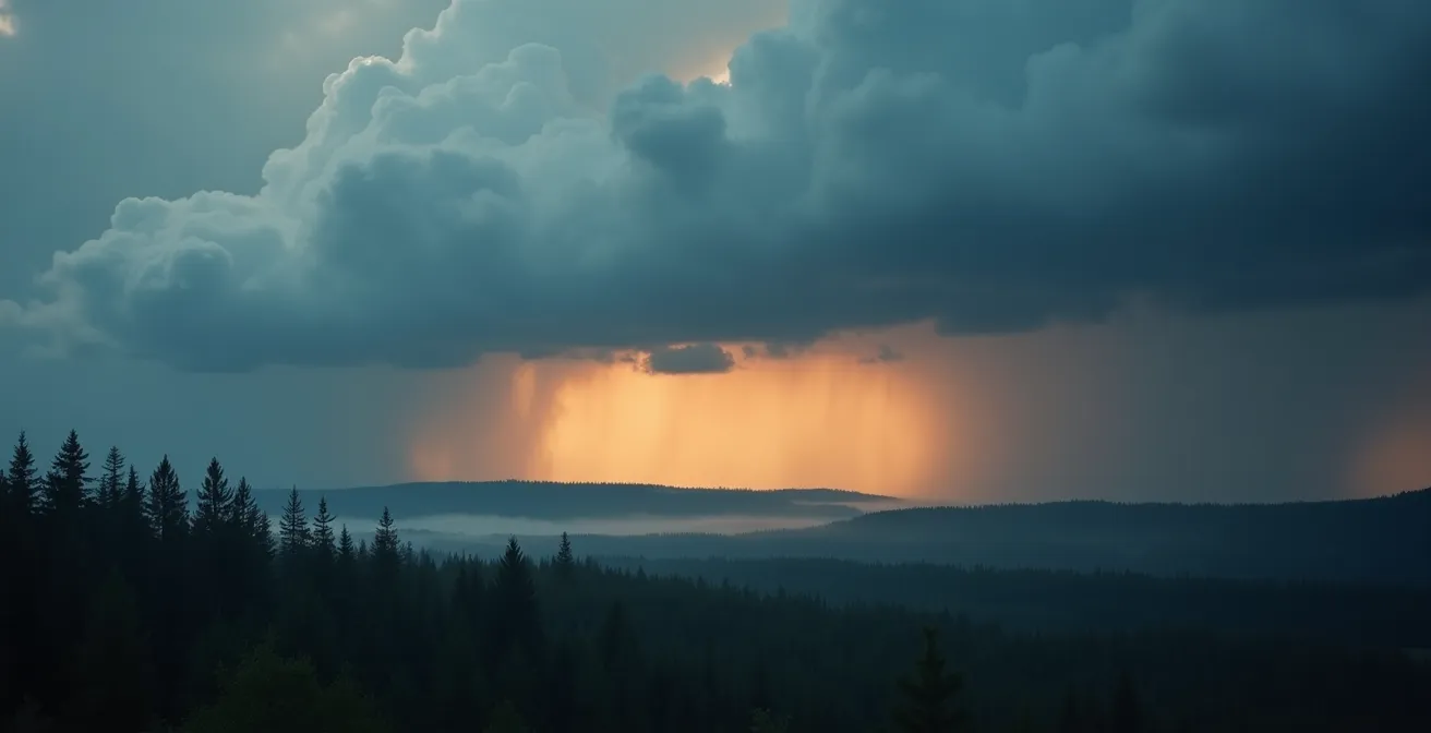 Vue panoramique d'un ciel menaçant avec cumulus sombres au-dessus de la forêt boréale québécoise