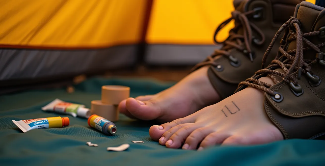 Gros plan sur les pieds d'un randonneur en train de les soigner au bivouac après une journée de marche