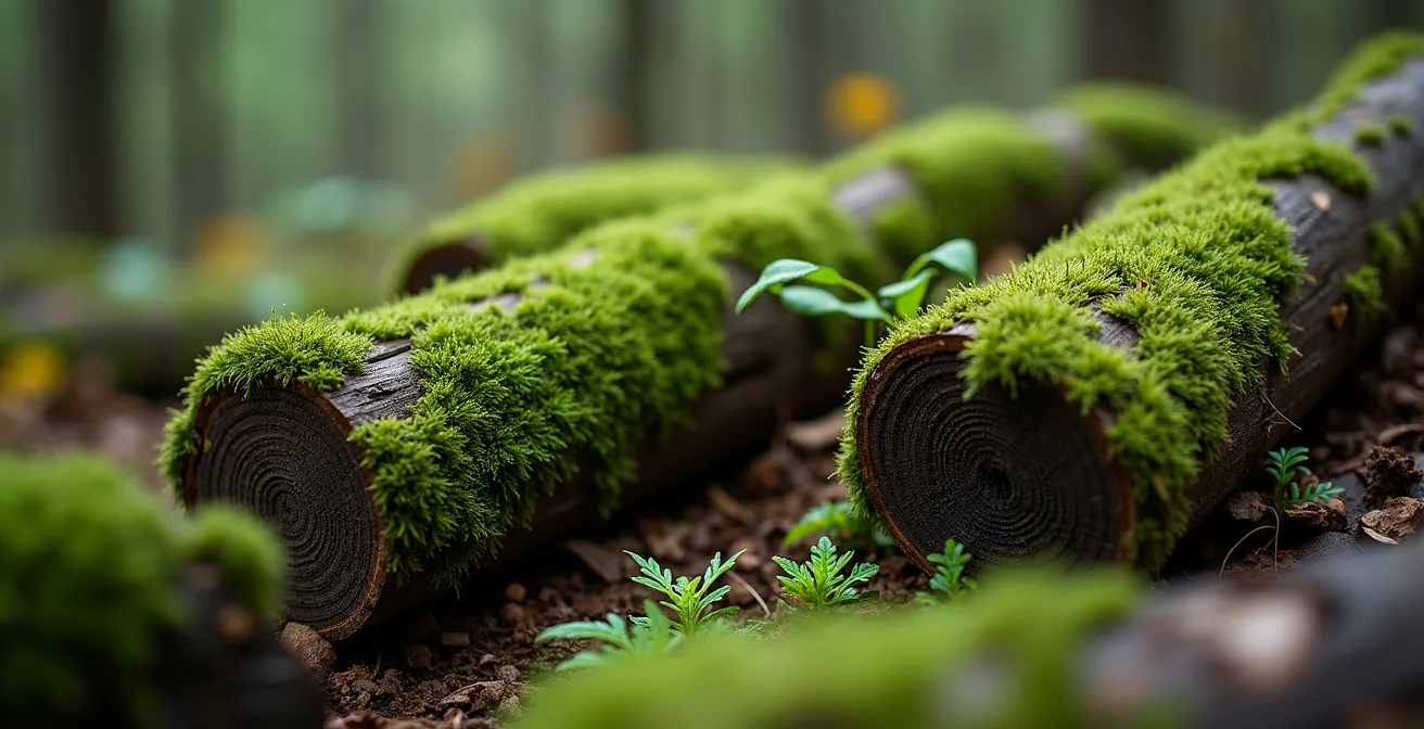 Gros plan du sol d'une forêt mature québécoise montrant le bois mort, la mousse et l'humus caractéristiques