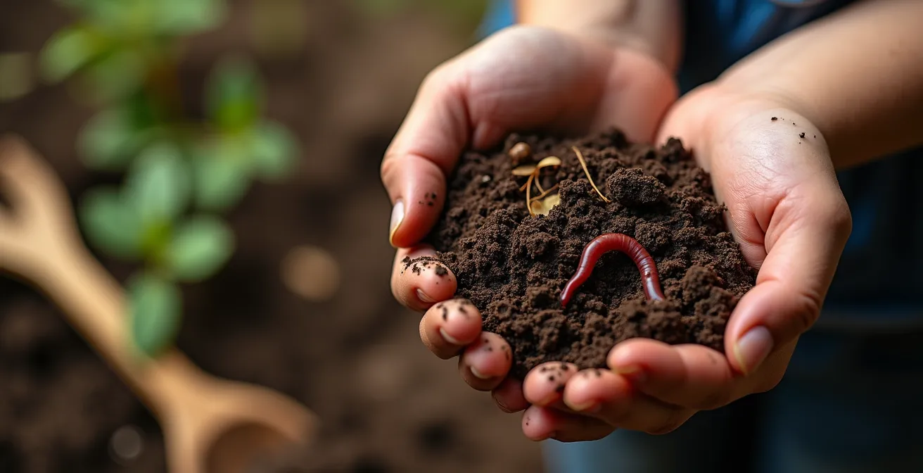 Coupe transversale du sol montrant les différentes couches avec racines, vers de terre, mycorhizes et micro-organismes visibles