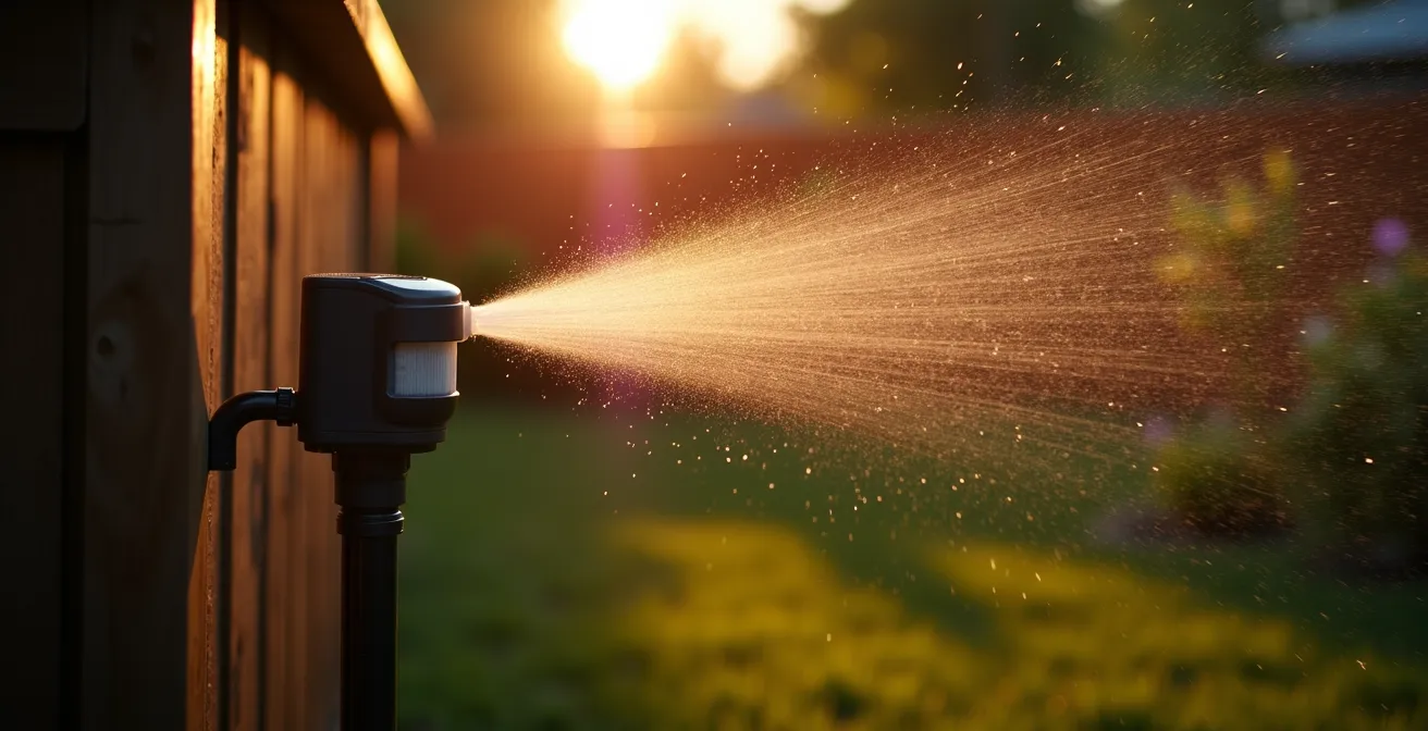 Système d'arrosage automatique avec détecteur de mouvement installé près d'un cabanon de jardin