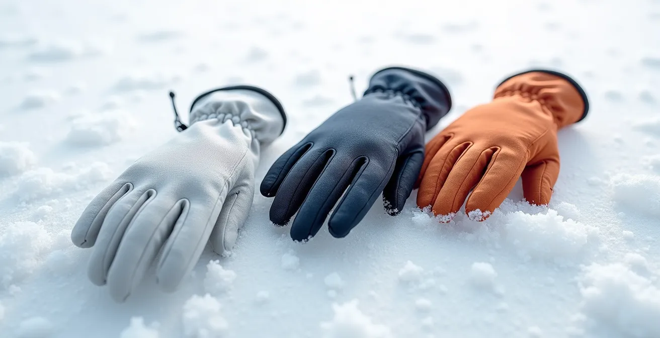Système de gants en trois couches disposés sur fond de neige cristallisée