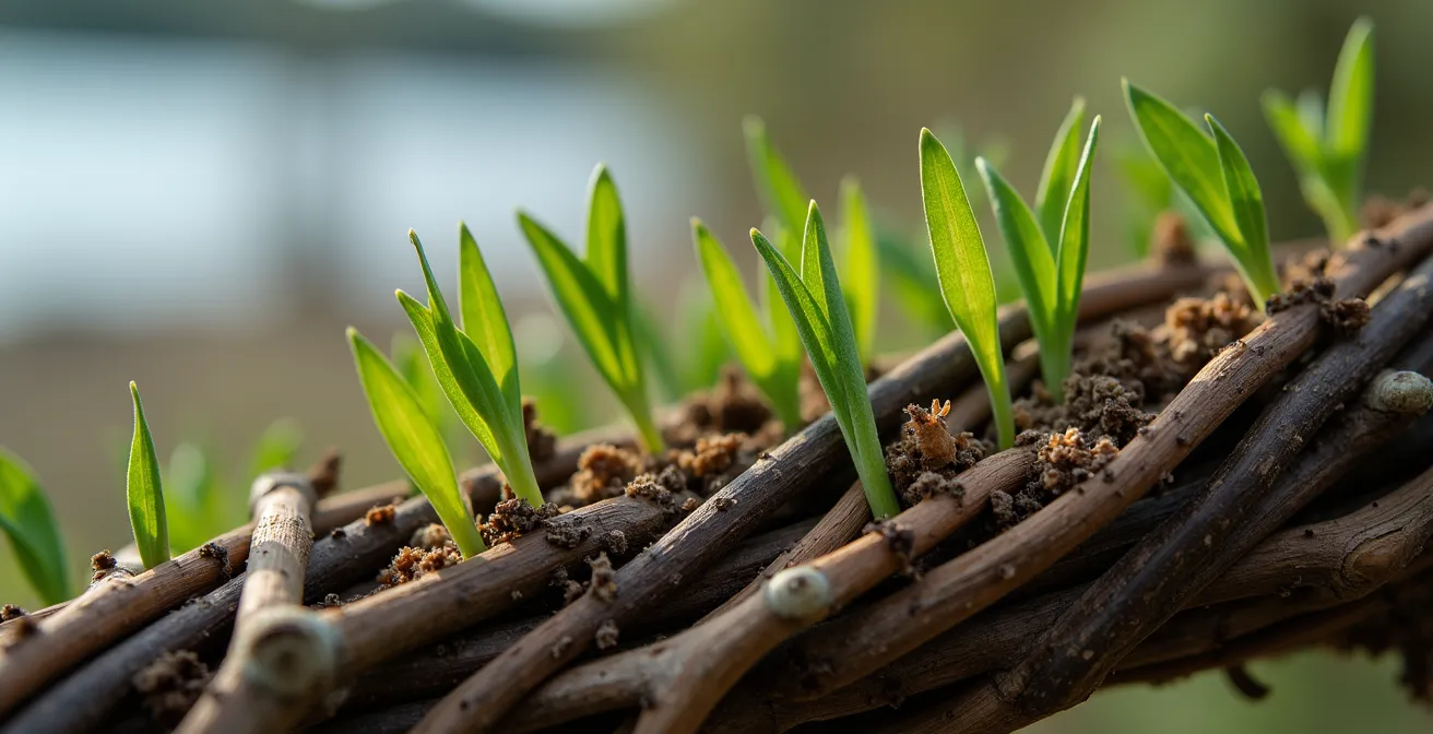 Technique de fascinage sur une berge en pente forte avec branches de saule entrelacées
