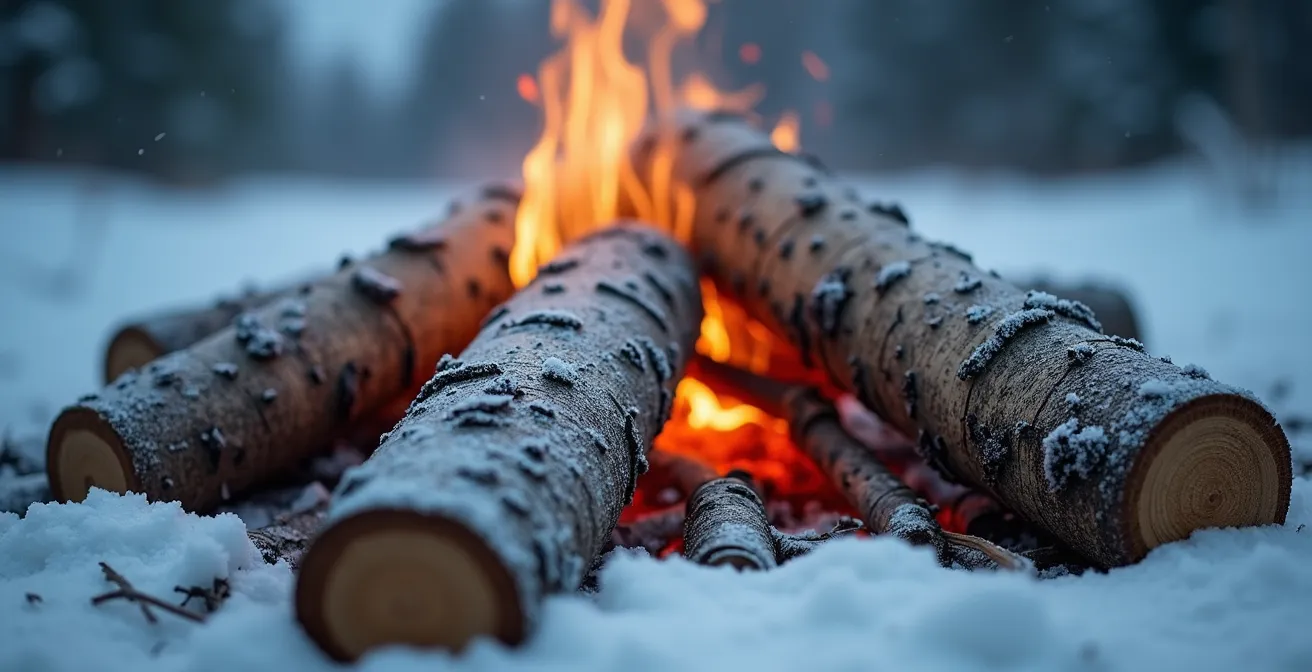 Gros plan sur un feu de camp hivernal installé sur une plateforme de bûches avec neige tout autour