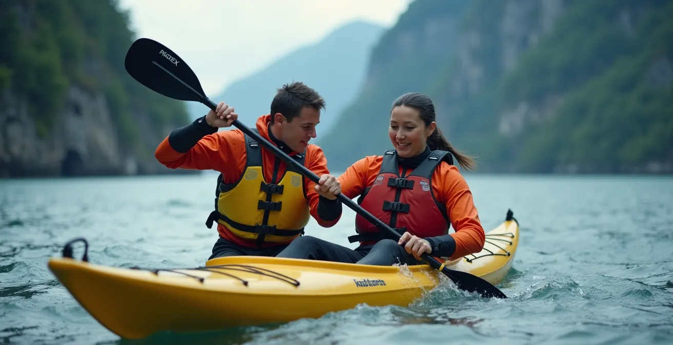 Démonstration de la technique de rentrée assistée en kayak avec deux kayakistes s'entraidant dans des conditions réalistes