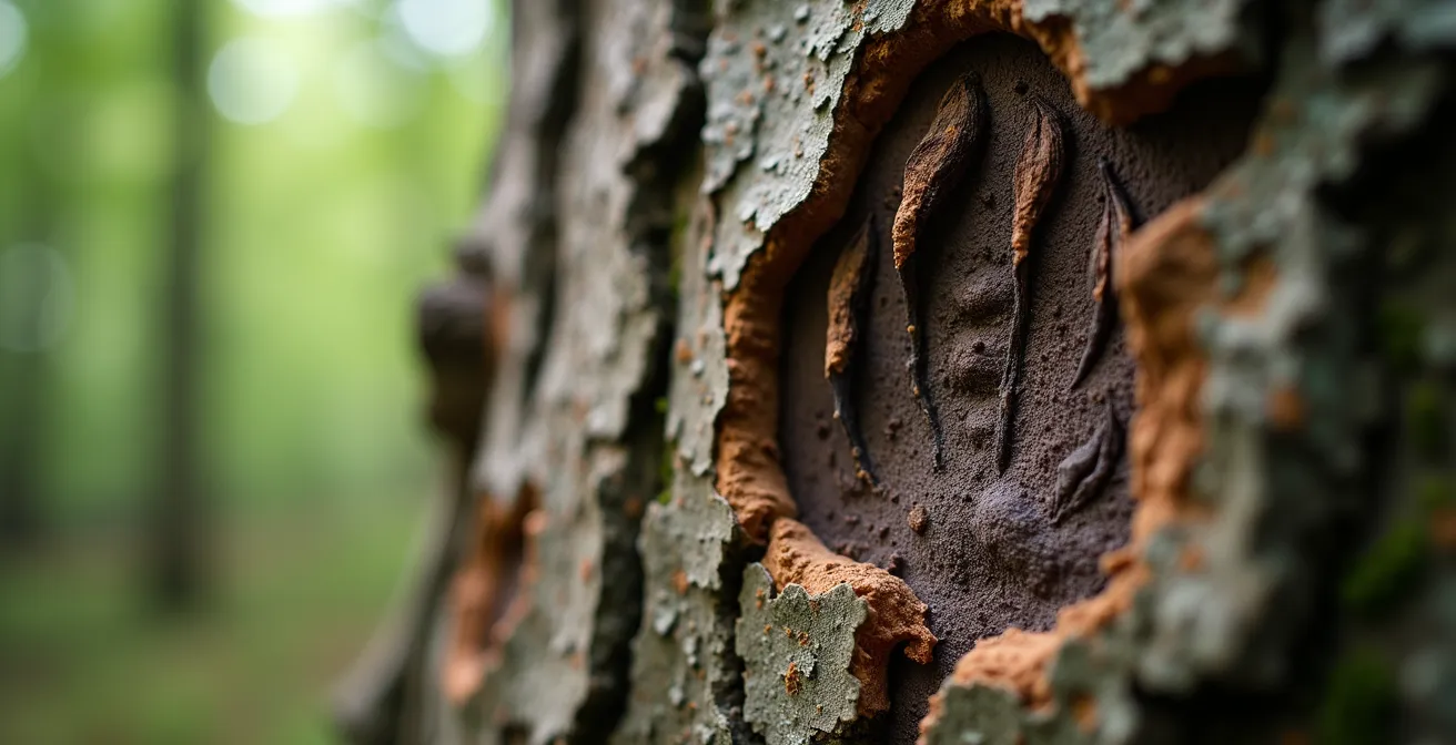 Détail en gros plan de marques de griffes d'ours noir sur l'écorce d'un hêtre dans une forêt québécoise