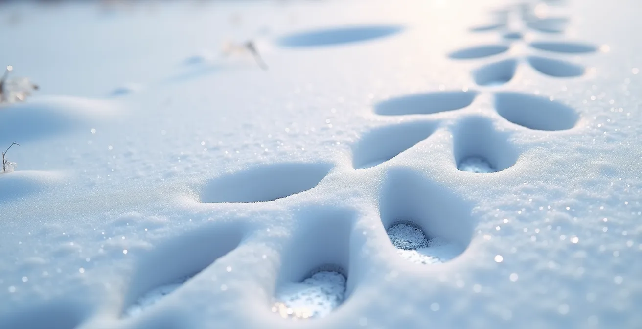 Traces dans la neige montrant les empreintes d'un renard roux près d'un perchoir de harfang avec des plumes blanches éparpillées