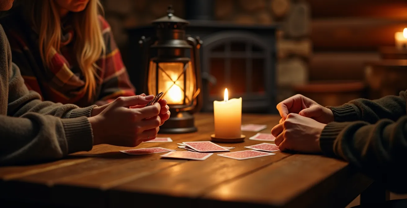 Intérieur chaleureux de chalet éclairé aux chandelles avec des personnes jouant aux cartes autour d'une table en bois