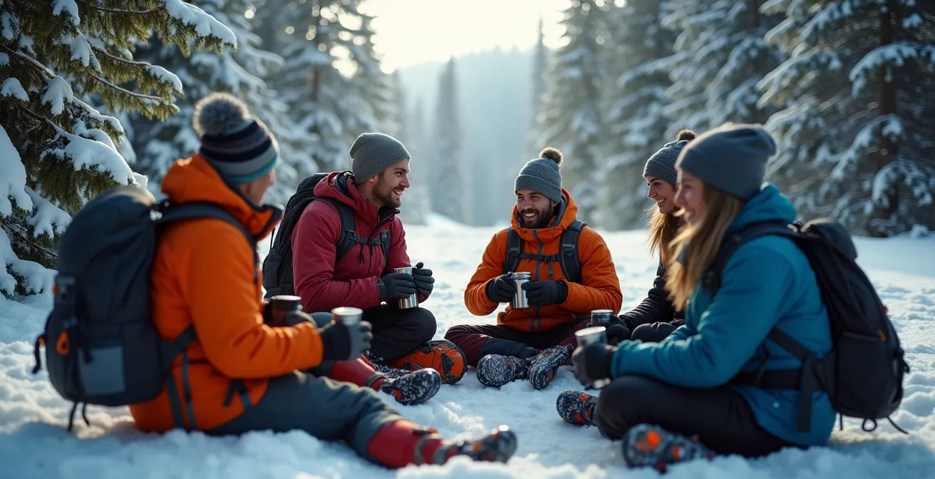 Groupe de skieurs en pause dans une zone sécurisée entourée d'arbres denses
