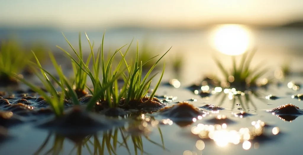Gros plan sur la végétation de schorre avec salicornes sur une berge meuble du Saint-Laurent