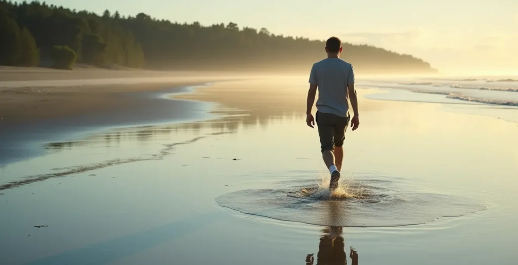 Promeneur marchant sur une plage avec l'eau qui monte rapidement derrière lui
